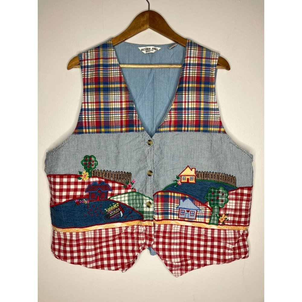 Victoria Jones 20 W / 40 Top Vest Embroidered Patchwork Plaid Chambray